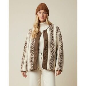 Old Navy Sherpa Fleece Southwestern Fair Isle Jacket Brown Cream Large Women